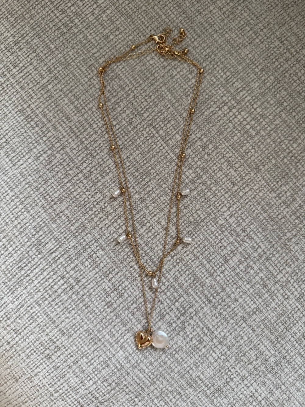 Gold Double-Layer Necklace with Heart and Pearl Pendant - Women's Jewelry